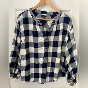 J. Crew, long sleeve navy and white buffalo check flannel blouse, size XXL